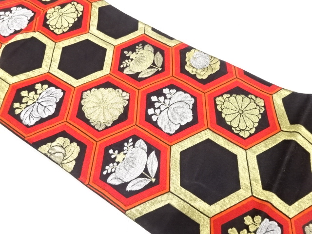 アンティーク　亀甲に菊・桐・橘模様織り出し袋帯（材料）